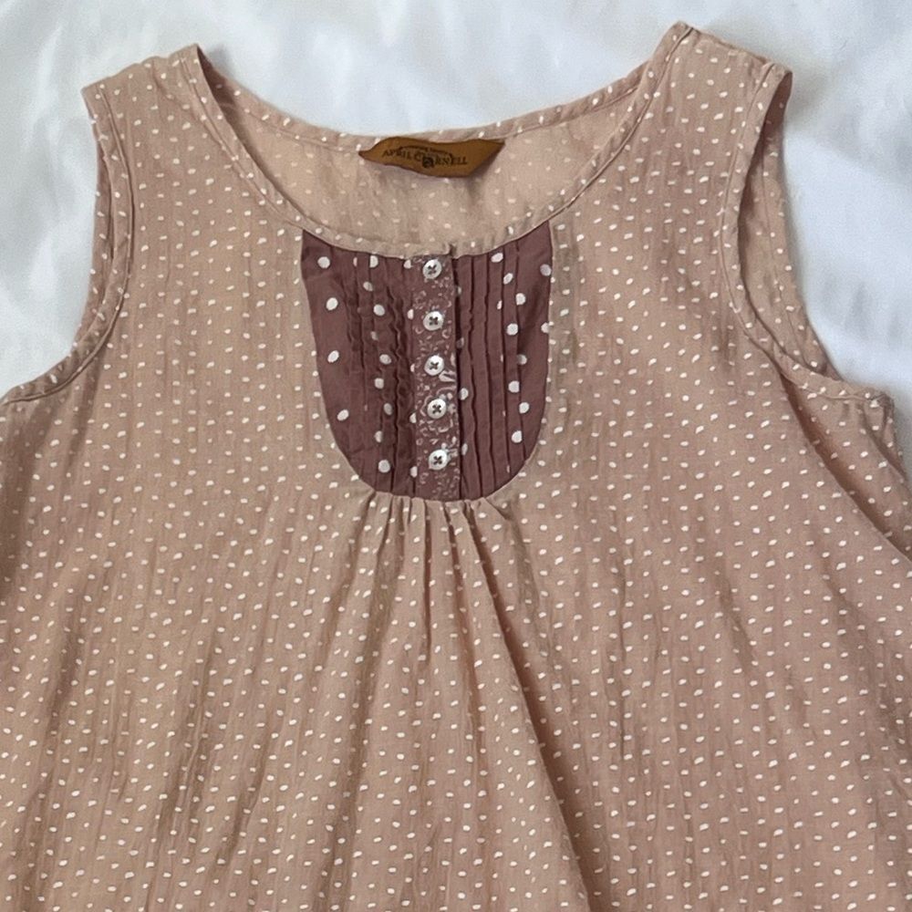 April Cornell Dress Gathered Lace Trim Dot Sleeveless Cream Tan Size S - Picture 11 of 13